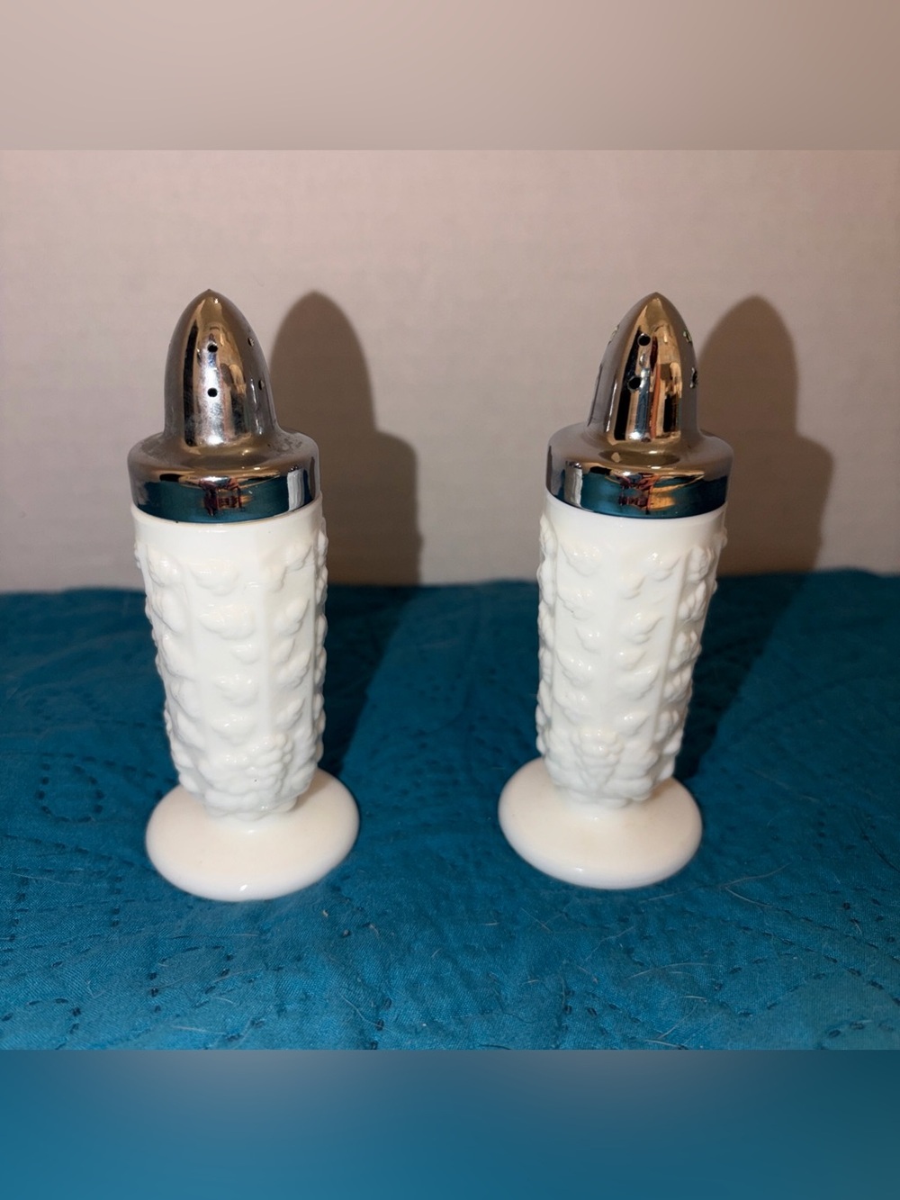 Westmoreland Milk Glass Embossed Grape Paneled Salt And Pepper Shakers Vintage